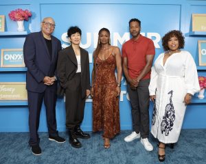 Executive producer Larry Wilmore and stars Tim Jo, Emayatzy Corinealdi, McKlinley Freeman, Angela Grovey, at the 2024 Summer Press Tour for Hulu's REASONABLE DOUBT | ©2024 Disney Entertainment