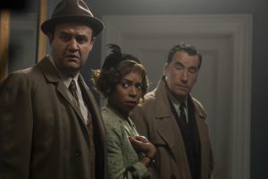 Daniel Mays, Pippa Bennett-Warner and Tim McMullan in MASTERPIECE: MOONFLOWER MURDERS | ©2024 PBS/ Eleventh Hour Films